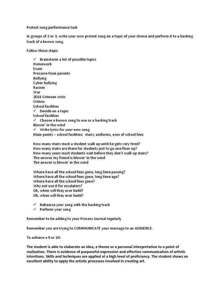 Create a Protest Song Performance Guide | PDF | Language Arts ...