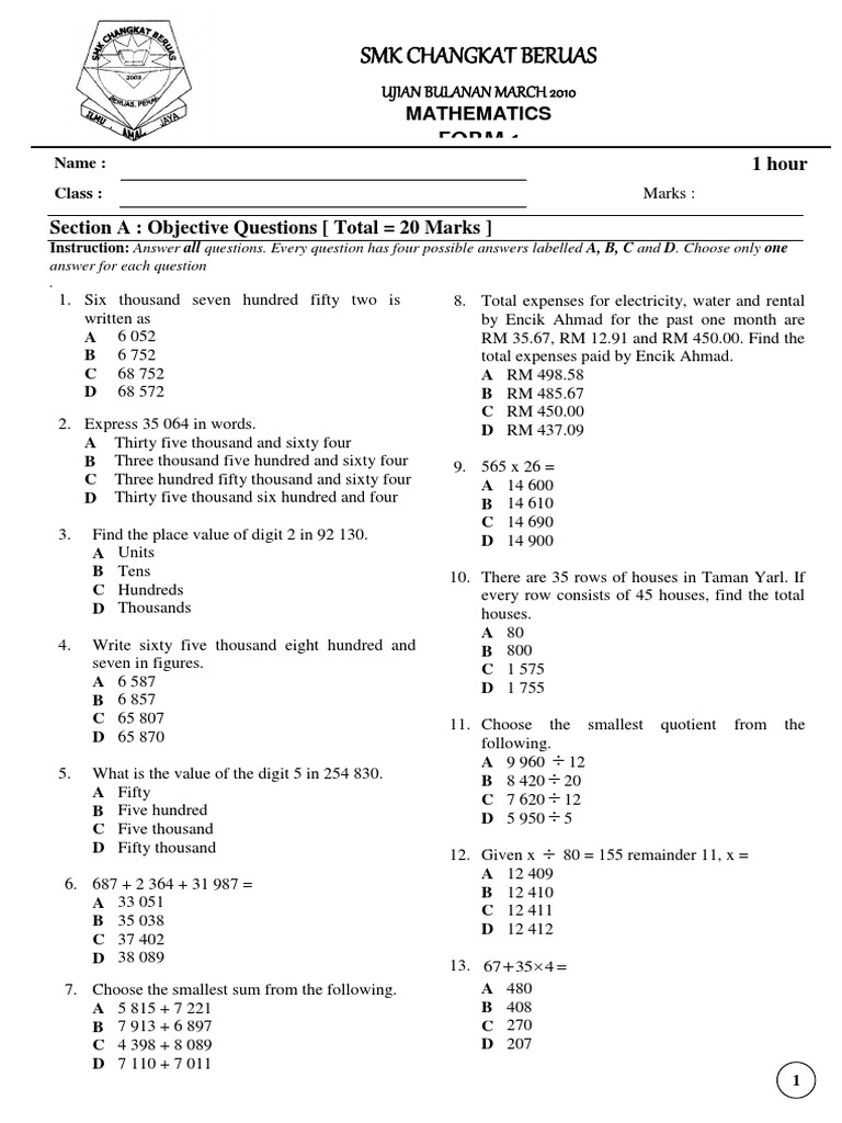 Mathematics Exam Questions for Form 1 | PDF | Mathematical Notation ...