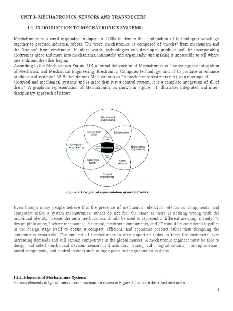 Unit 1MECHATRONICS, SENSORS AND TRANSDUCERS PDF Control Theory