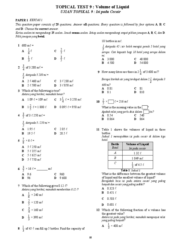 Liquid Volume Math Test | PDF