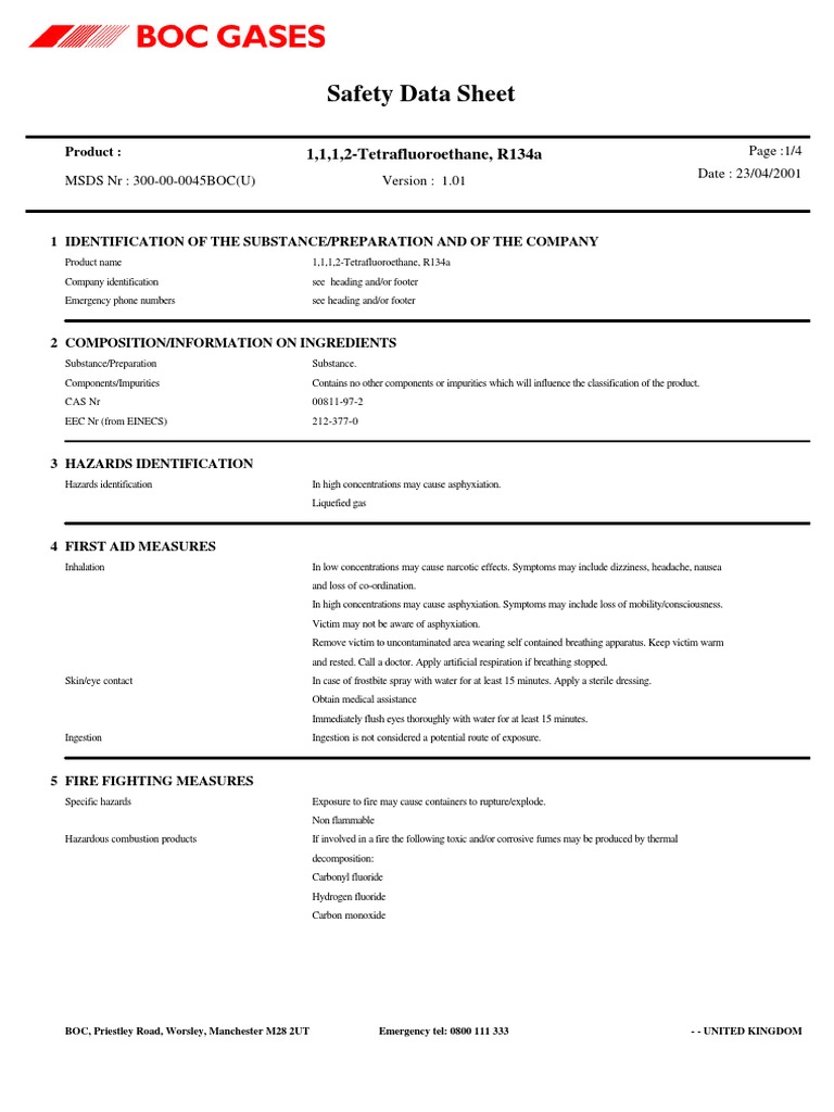 R134a Boc Msds | PDF
