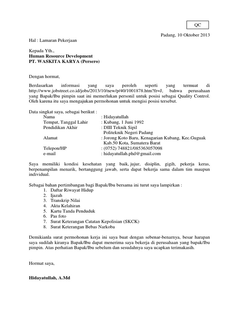 Surat Lamaran Pt Waskita Karya