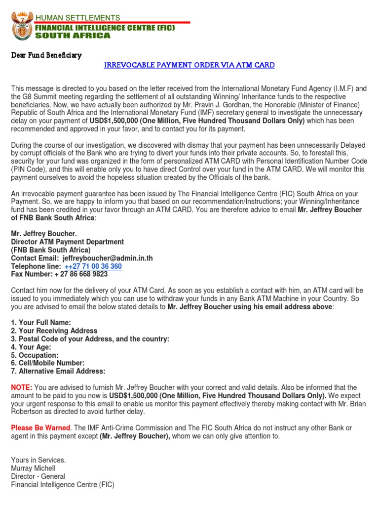 FIC Payment Order for Fund Beneficiary | PDF | Automated Teller Machine ...