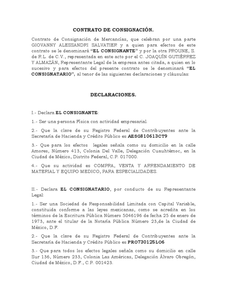 Contrato de Consignación Ciudad de México México