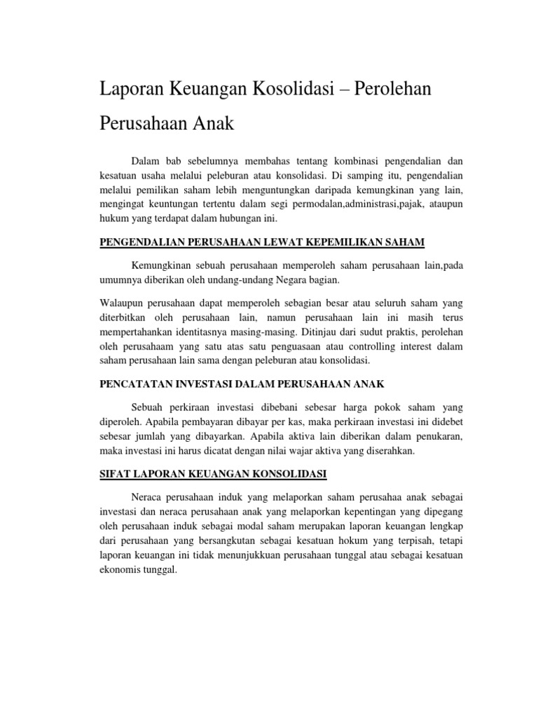 Contoh Soal Laporan Keuangan Konsolidasi Hubungan Perusahaan Induk Dan Anak Dapatkan Contoh