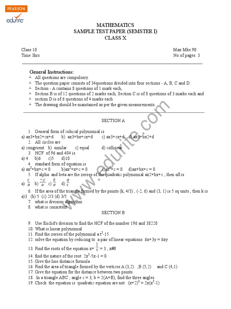 Class 10 Mathematics Sample Test Paper | PDF | Quadratic Equation ...