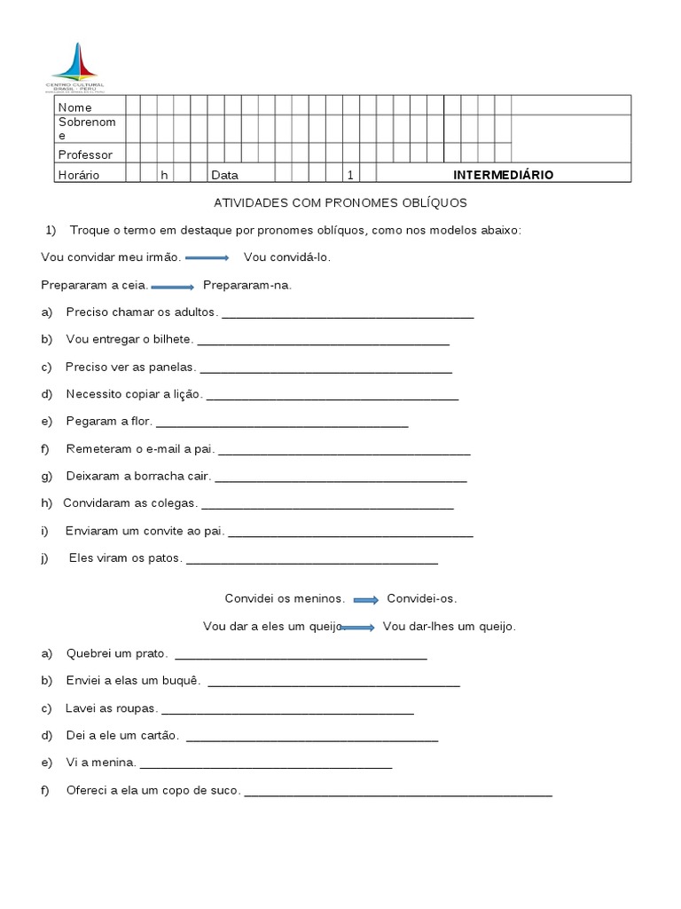 Exercícios Sobre Os Pronomes Oblíquos | PDF