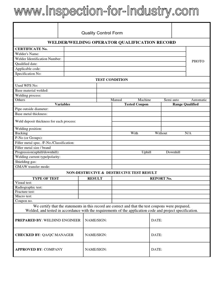 Welder and Welder Operator Qualification Record Form PDF