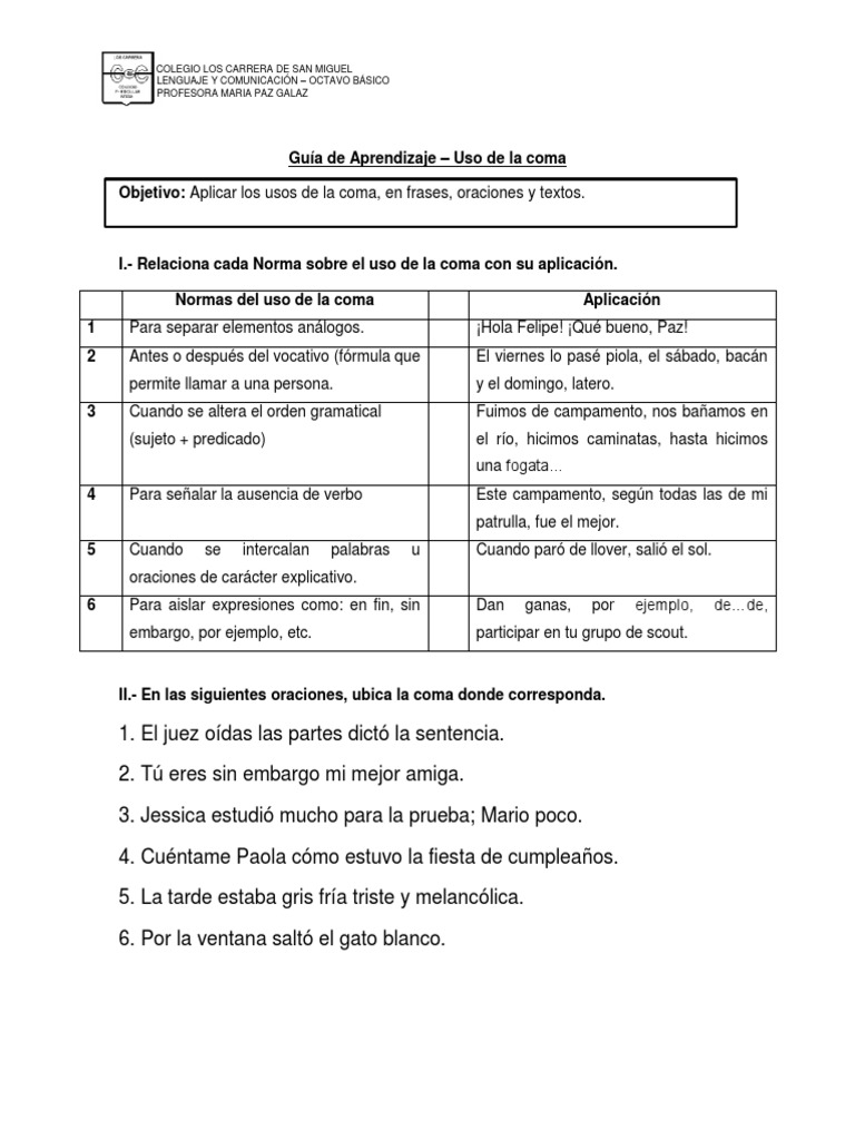 Actividades para el Uso de la Coma | PDF | Oración (Lingüística) | Idiomas