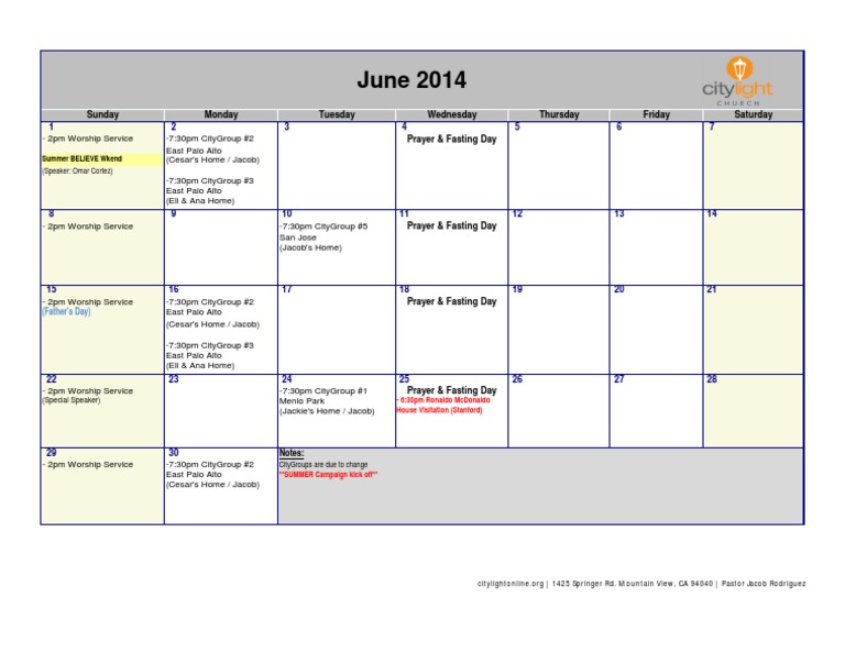 June 2014 CityGroup Schedule | PDF | Cooking, Food & Wine