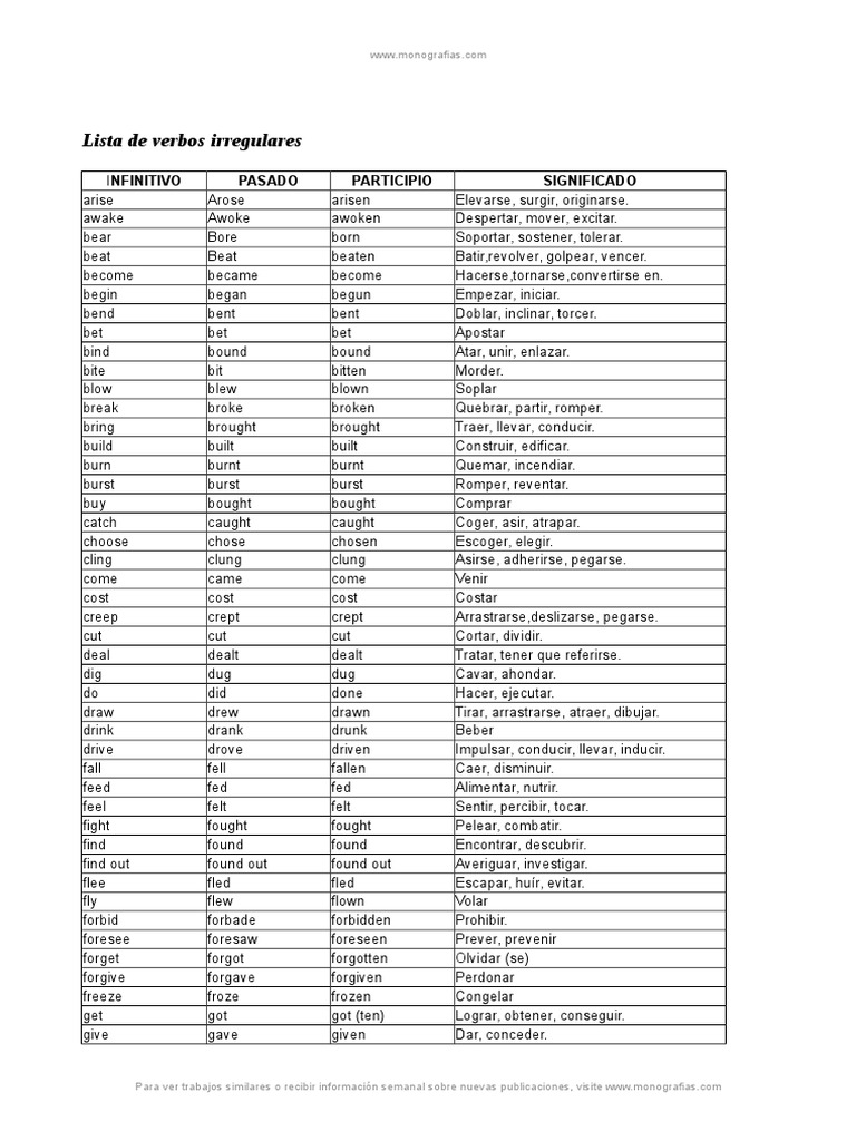 Lista de Verbos Regulares e Irregulares | PDF | Syntax | Agriculture