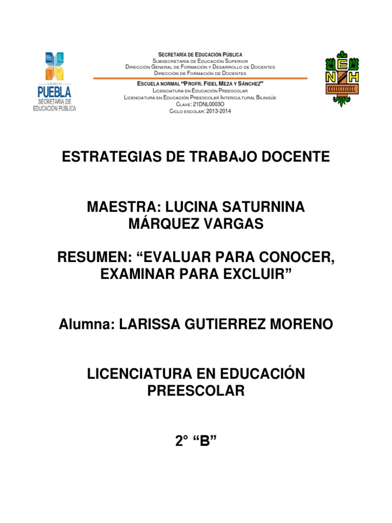 Resumen Evaluar para Conocer, Examinar para Excluir