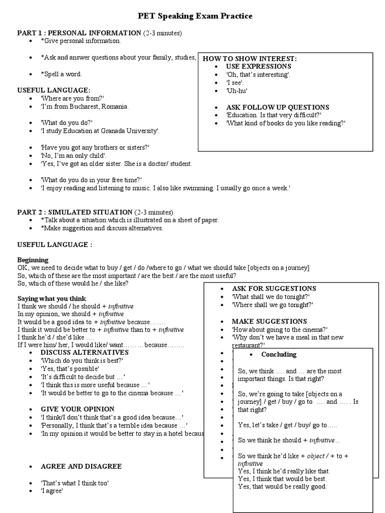 PET Speaking Exam Practice Final Ho | Syntax | Language Mechanics