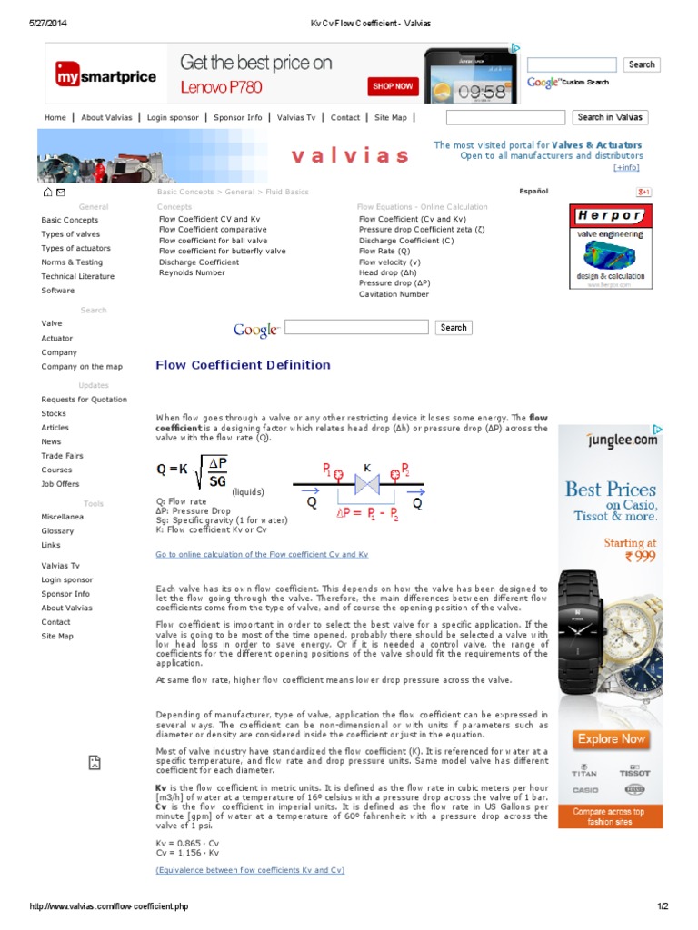 Kv Cv Flow Coefficient Valvias Fluid Dynamics Valve