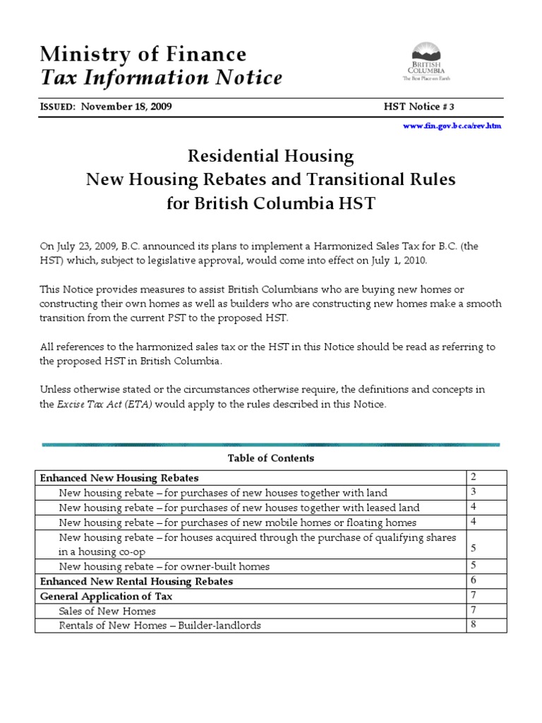HST New Housing Rebates Law And Economics Government Finances