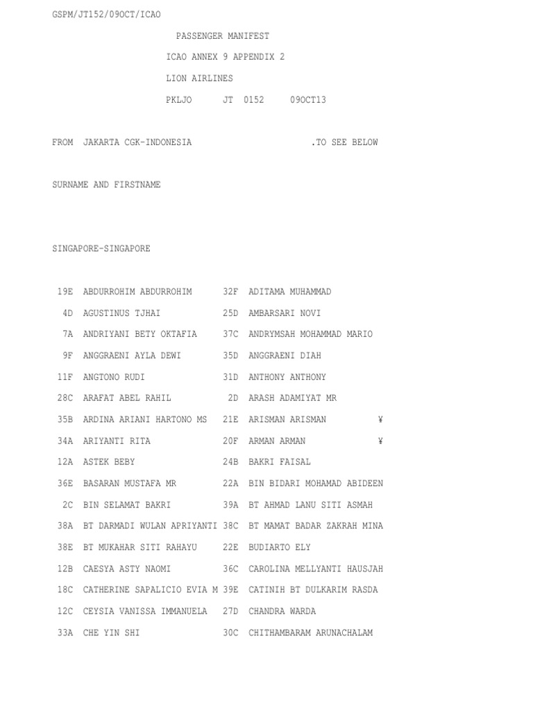 Lion Airlines Passenger Manifest | PDF