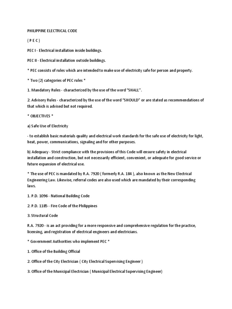Philippine Electrical Code Summary PDF Electrical Wiring Fuse