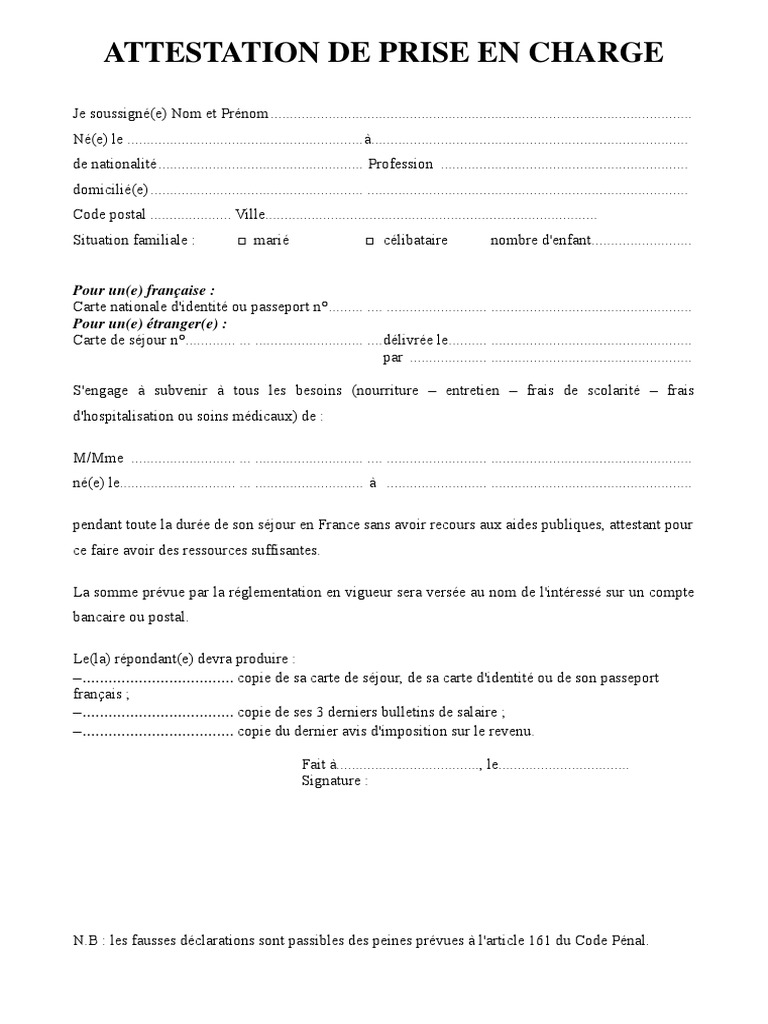 Attestation de Prise en Charge Parentale | PDF | Droit