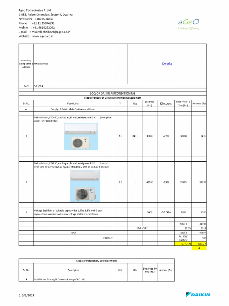 Daikin AC Installation Quotation | PDF | Pipe (Fluid Conveyance ...