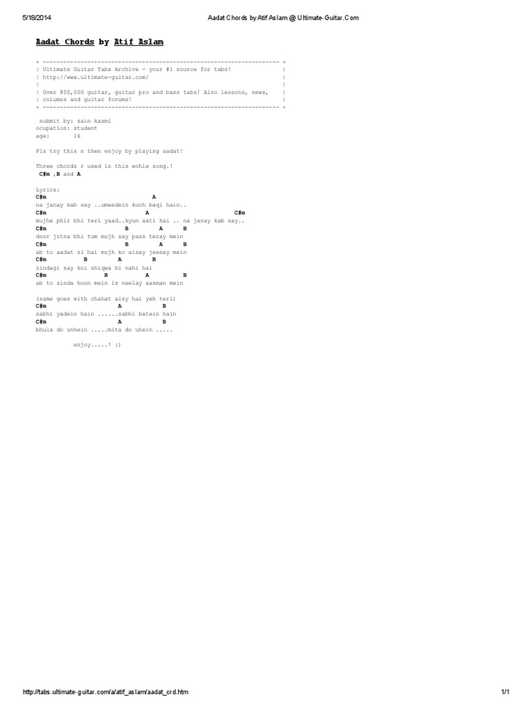 Aadat Chords by Atif Aslam at Ultimate-Guitar Easy | PDF | Home \u0026 Garden, image size:768x1024