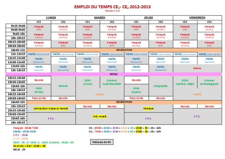 Emploi Du Temps Ce1 Ce2
