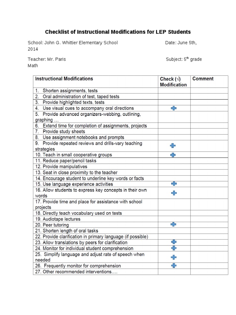 LEP Student Instructional Modifications Checklist | PDF | Language Arts ...