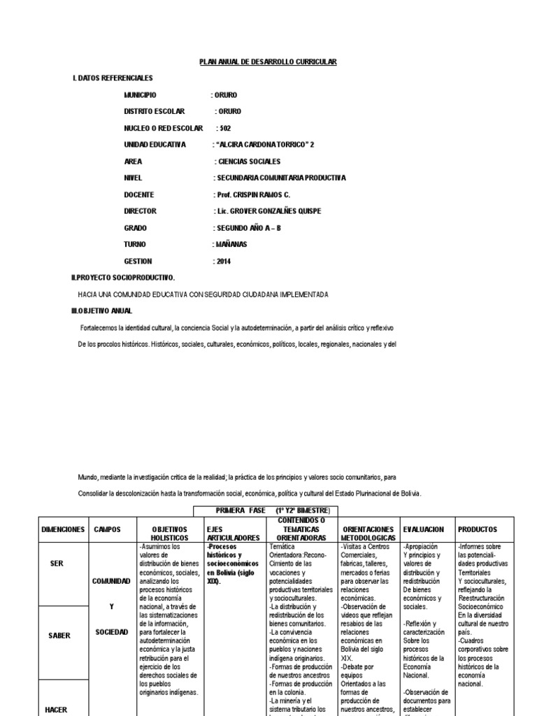 Plan Anual de Desarrollo Curricular | PDF | Bolivia | Ciencias económicas