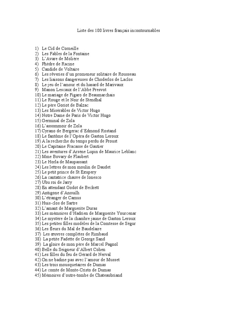 Liste Des 100 Livres Français Incontournables PDF Littérature française Littérature en