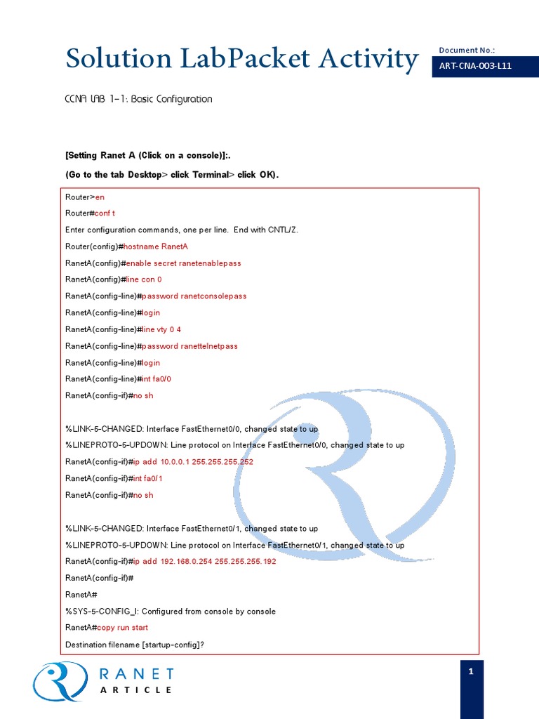 Solution Labpacket Activity: Ccna Lab 1-1: Basic Configuration | PDF ...