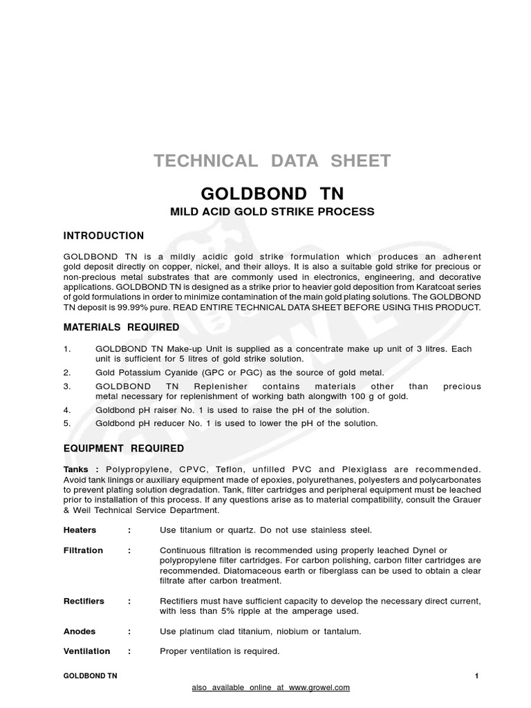 Technical Data Sheet: Goldbond TN | PDF | Cyanide | Ph