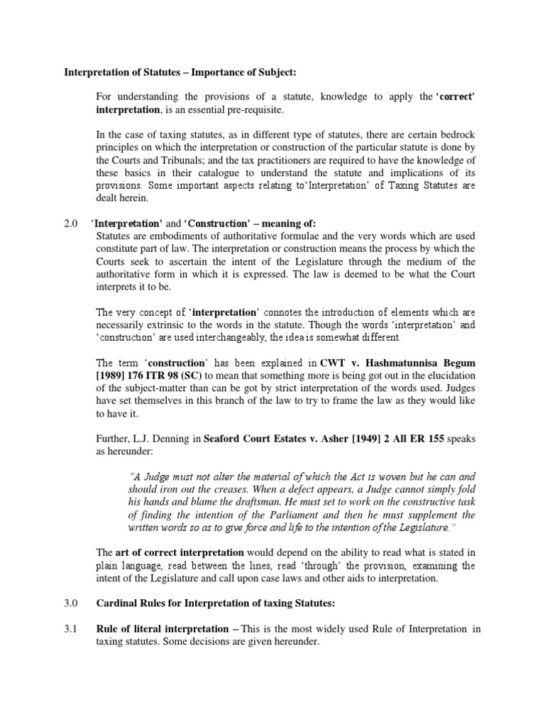 Interpretation of Taxing Statutes | PDF | Precedent | Statutory ...