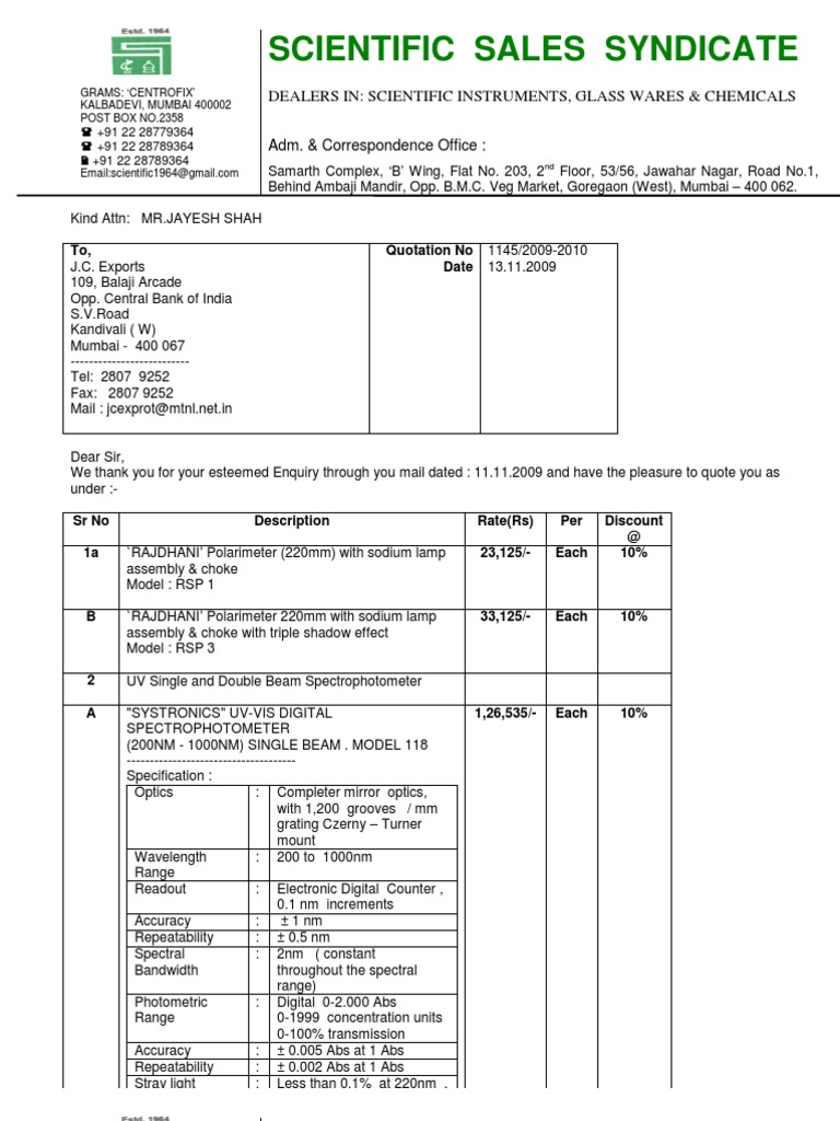 Scientific Instruments Quotation | PDF | Spectrophotometry ...
