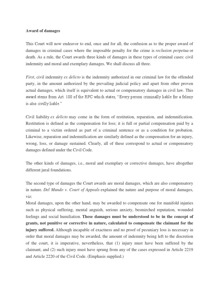 Award of Damages First, Civil Indemnity Ex Delicto Is The Indemnity