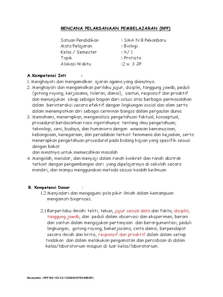 Rpp Kelas X Semester 1 Protista