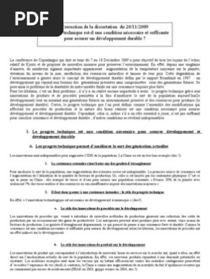 Corrige De La Dissertation Progres Technique Et Developpement Durable Croissance Economique Changement Technologique
