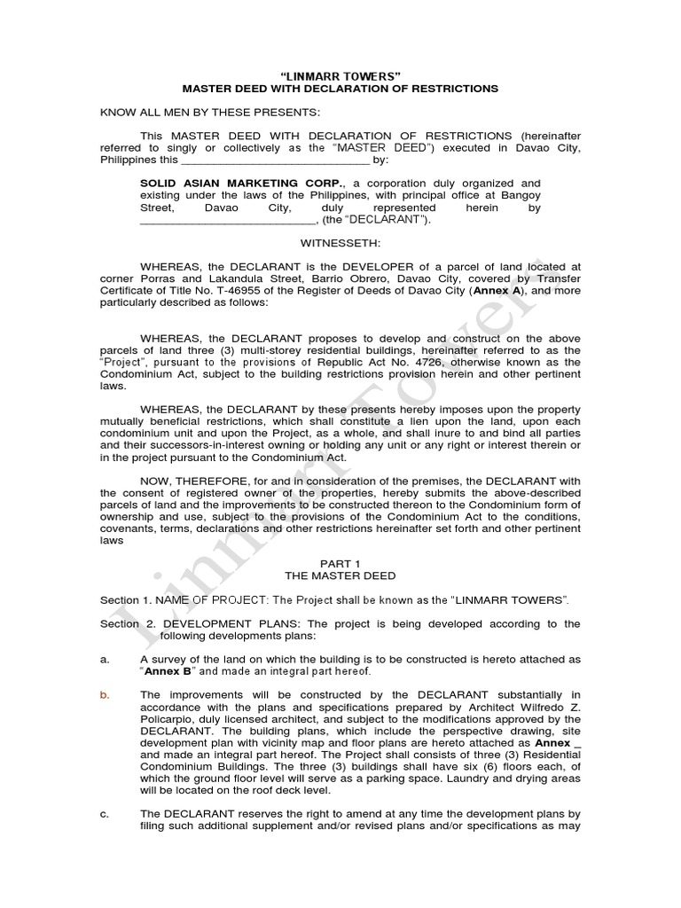 Master Deed for Linmarr Towers Condo | PDF | Mortgage Law | Foreclosure