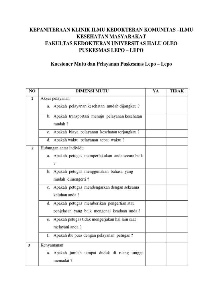 kuesioner mutu pelayanan puskesmas