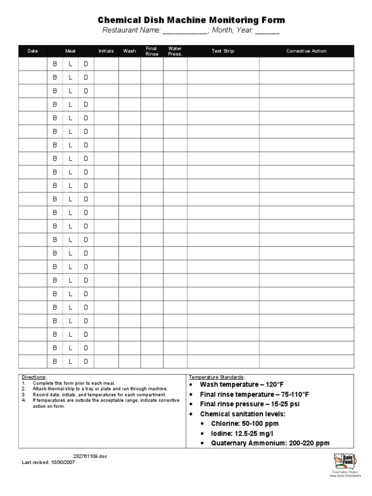 Chemical Dish Machine Monitoring Form: Restaurant Name: - Month, Year | PDF