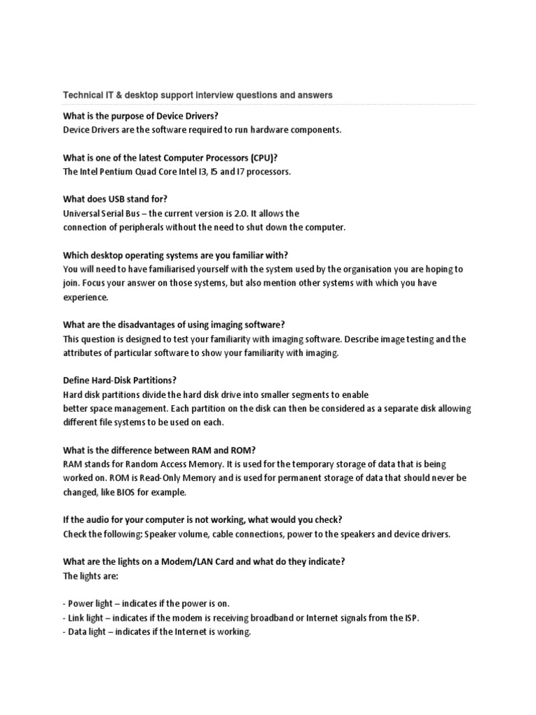 Technical IT & Desktop Support Interview Questions and Answers PDF