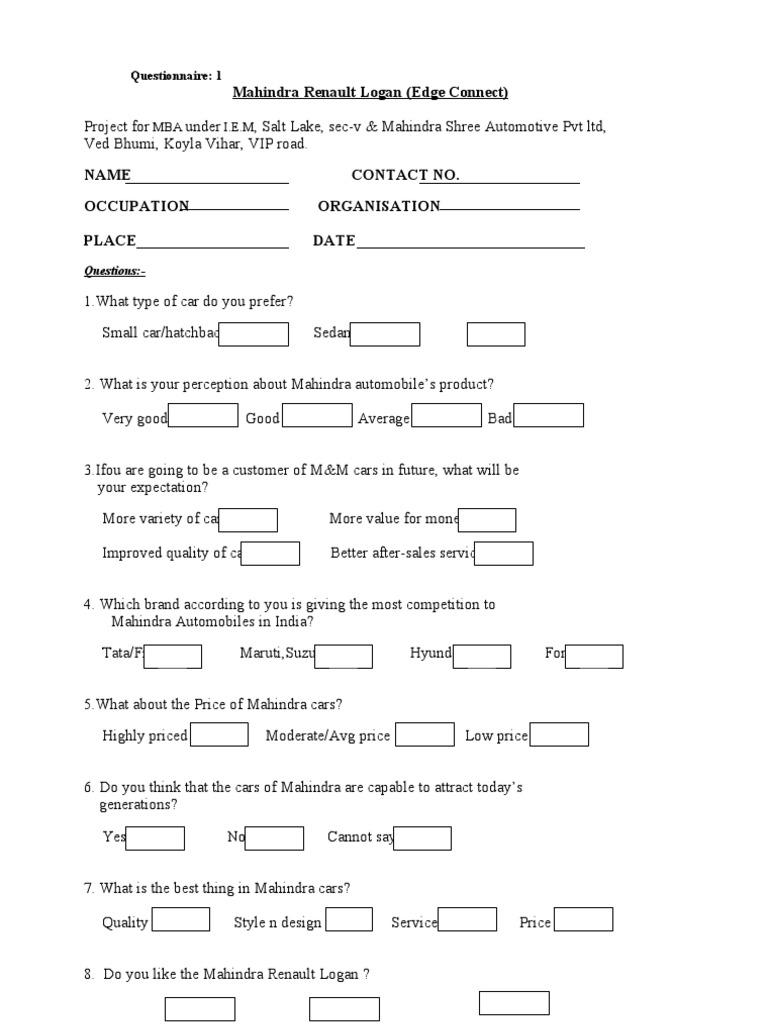 Questionnaire 12 Car