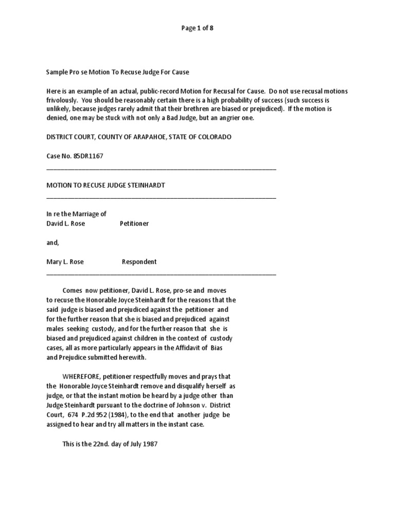 Sample Pro Se Motion To Recuse Judge For Cause Pdf Judicial Disqualification Affidavit