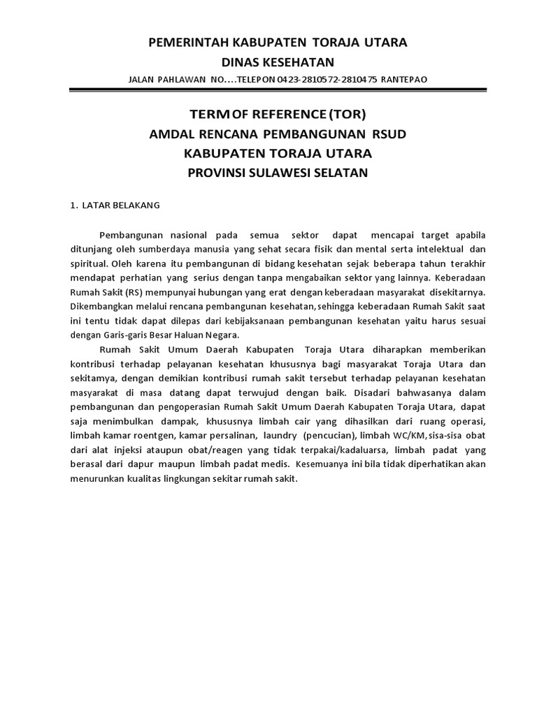Kak Amdal Rsud Kab Toraja Utara Pdf