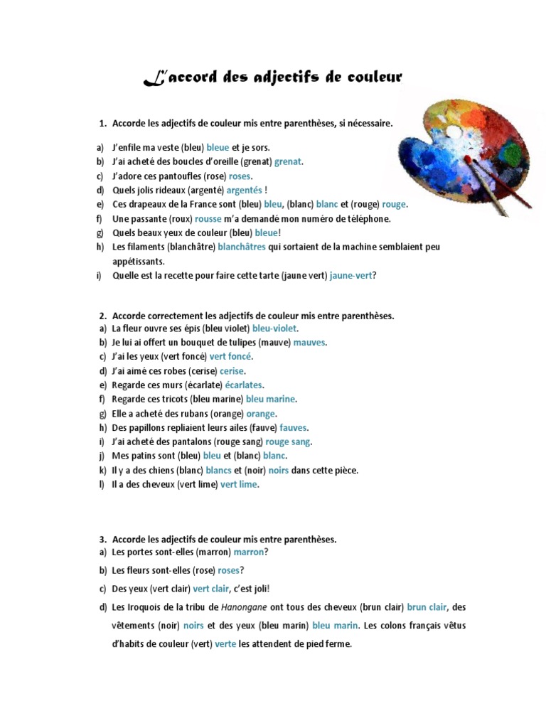 Les Adjectifs De Couleur Leçon Pdf CORRIGÉ Exercices Adjectifs de Couleur