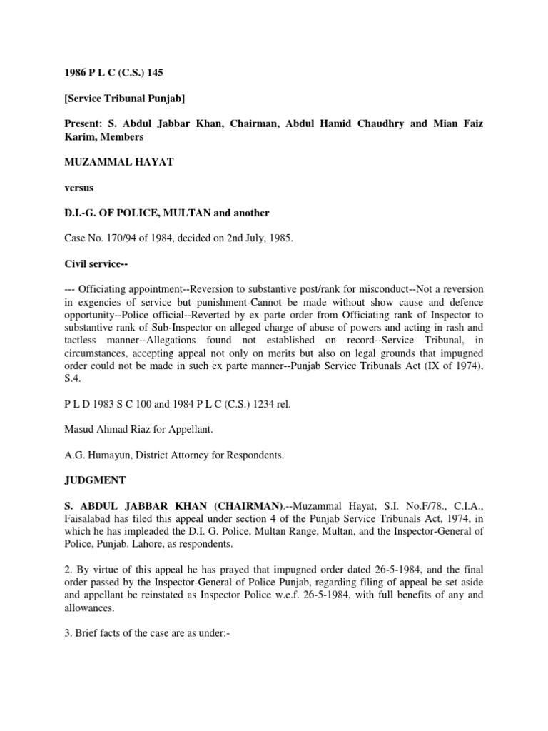 1986 p l c cs 145 officiating appointment reversion to substantive