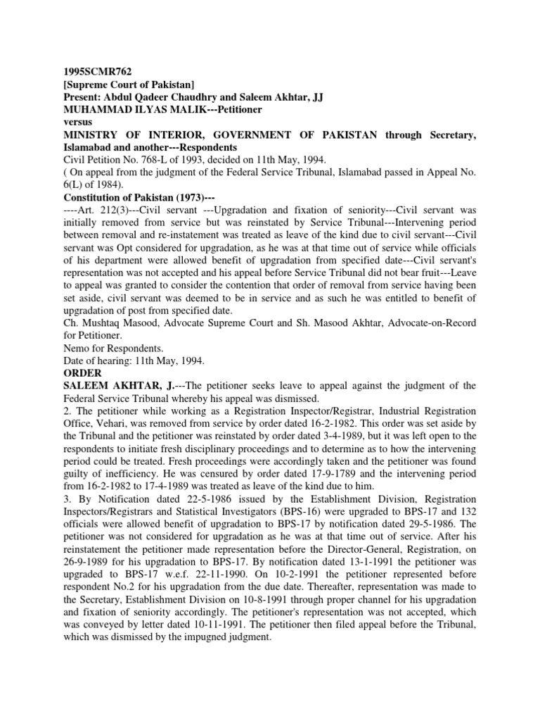 1995SCMR762 Upgradation and Fixation of Seniority PDF