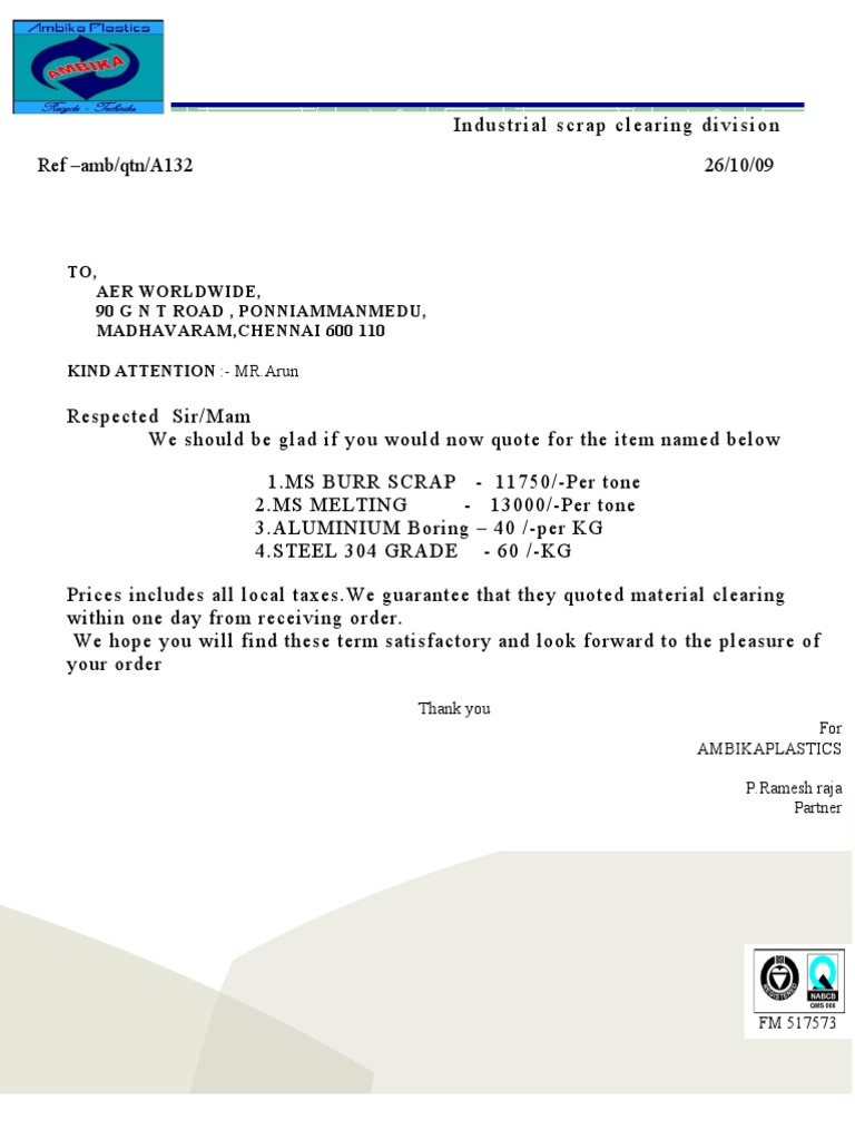 Industrial Scrap Pricing Proposal | PDF | Metals | Recycling