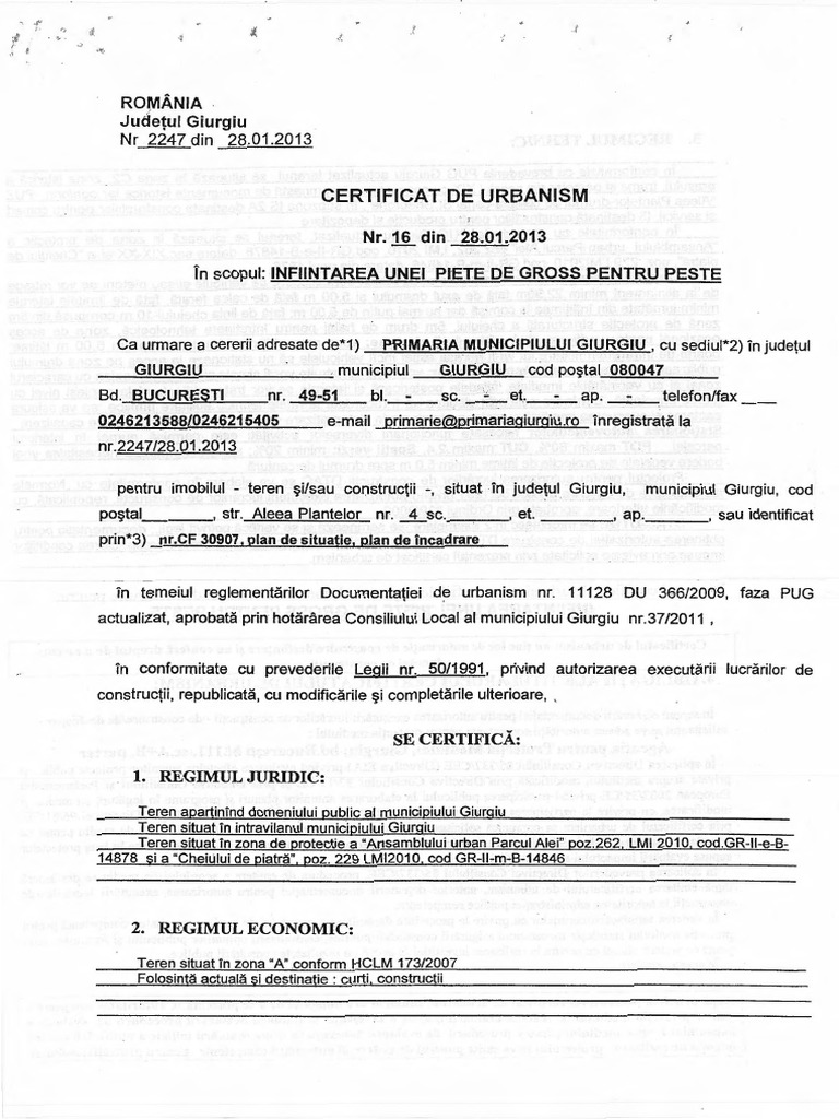 Certificat Urbanism Piata Peste Giurgiu