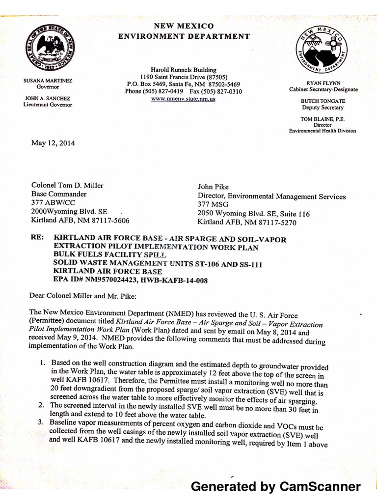 New Mexico Environment Department Letter on Kirtland Air Force Base
