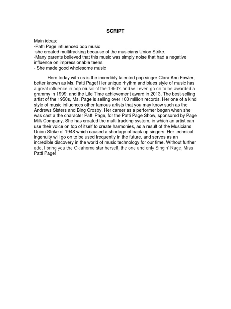 Patti Page Project Script | PDF | Art