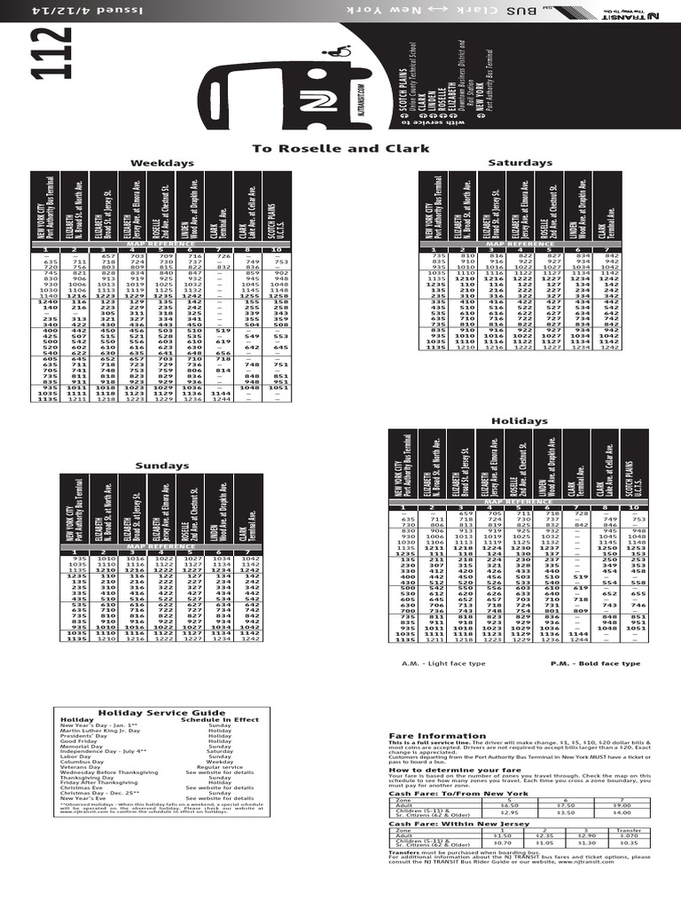 NJ Transit Bus 112 Schedule Details | PDF | Public Transport | Transport